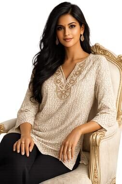 LR3616 Coldwater Creek Embellished Tunic Top Medium 10 12 Beige Ivory Boho India